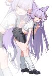  1girl absurdres ahoge belt bent_over black_necktie black_shoes black_skirt blue_eyes collared_shirt commentary_request cone_hair_bun crop_top fang fox_tail full_body hair_bun hair_ornament hair_rings hand_on_own_knee hand_up heterochromia highres kneehighs korean_commentary long_hair looking_at_viewer loose_socks midriff miniskirt navel necktie open_mouth pleated_skirt pom_pom_(clothes) pom_pom_hair_ornament purple_hair ribbed_socks saho_4545 shirt shoes short_sleeves skirt smile socks solo standing stellive stomach tail tenko_shibuki thighs v very_long_hair virtual_youtuber white_shirt white_socks yellow_eyes zoom_layer 