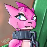  1:1 2022 absurd_res anthro blue_eyes bubblegum_(sorc) chained_up collar digital_media_(artwork) eyelashes female grin headshot_portrait hi_res horn humanoid kobold pink_body pink_scales portrait scales scar slave smile solo soulwing98 