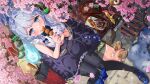  1girl ahoge black_pantyhose black_skirt blue_bow blue_bowtie blue_eyes blue_nails blue_shoes bow bowtie center_frills cherry_blossoms cross-laced_slit cup dango eating falling_petals feet_out_of_frame food food_on_face food_request frilled_shirt frilled_skirt frills from_above glitch_stars grey_hair highres itsuki_(itsukii_en) knees_together_feet_apart long_hair looking_at_viewer mary_janes miniskirt missing_headwear mitarashi_dango mogughost_(vtuber) nail_polish on_bench origami outdoors pantyhose paper_crane petals puddle ribbed_shirt shirt shoes sitting skewer skirt sleeveless sleeveless_shirt solo virtual_youtuber wagashi white_shirt yunomi 