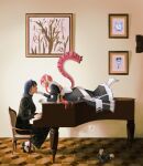  2girls absurdres animal_ears black_dress blue_hair braid breasts chair chattino_(raora_panthera) dress gloves grand_piano hair_ribbon highres hololive hololive_english indoors instrument kronie_(ouro_kronii) large_breasts long_hair lying mairu_(myru263) multicolored_hair multiple_girls music on_chair on_piano on_stomach ouro_kronii ouro_kronii_(maid) painting_(object) panther_ears panther_girl panther_tail pantyhose piano pink_hair playing_instrument playing_piano raora_panthera raora_panthera_(maid) ribbon shoes sitting streaked_hair tail unworn_shoes virtual_youtuber white_gloves white_pantyhose white_ribbon white_streaks yellow_eyes 