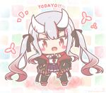  1girl :d black_bow black_jacket black_shoes black_thighhighs blush_stickers bow chibi collared_shirt colored_shadow commentary_request fang gradient_hair grey_hair hair_bow hair_ornament highres hololive horns jacket long_hair long_sleeves mitarashi_neko multicolored_hair nakiri_ayame nakiri_ayame_(streetwear) oni open_clothes open_jacket pleated_skirt puffy_long_sleeves puffy_sleeves purple_skirt red_eyes red_hair romaji_commentary romaji_text shadow shirt shoes skirt sleeveless sleeveless_shirt sleeves_past_wrists smile solo standing streaked_hair thighhighs translation_request twintails very_long_hair virtual_youtuber white_shirt x_hair_ornament 