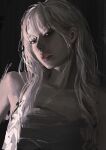  1girl absurdres bare_shoulders black_background black_eyes breasts camisole character_request copyright_request dark grey_camisole head_tilt highres lips long_hair looking_at_viewer nose observer12z parted_lips realistic solo upper_body white_hair 