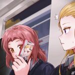  2girls ? ^^^ absurdres artist_name assam_(girls_und_panzer) blonde_hair blue_sweater cellphone commentary dress_shirt english_commentary frown girls_und_panzer hair_pulled_back highres holding holding_phone long_hair looking_at_another medium_hair mizzterbii multiple_girls open_mouth orange_eyes orange_pekoe_(girls_und_panzer) phone purple_eyes red_hair rosehip_(girls_und_panzer) school_uniform shirt signature smartphone st._gloriana's_school_uniform sweatdrop sweater train_interior video_call white_shirt you're_doing_it_wrong 
