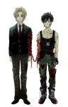  2boys aged_down arms_at_sides artist_request bad_id bad_pixiv_id bare_shoulders black_boots black_gloves black_hair black_shoes black_tank_top blazer blonde_hair blood blood_from_eyes blood_from_mouth blood_in_hair blood_on_arm blood_on_clothes blood_on_face blood_on_hands blood_on_leg blood_on_shoes blood_stain blue_eyes boots bound bound_arms bound_together cargo_pants chain chained chained_wrists clenched_hands deep_wound dog_tags dress_shirt full_body gangsta gloves green_pants grey_eyes grey_pants injury jacket looking_ahead male_focus multiple_boys necktie nicolas_brown nosebleed one_eye_closed pants parted_bangs red_necktie scar scar_across_eye scar_on_cheek scar_on_face school_uniform shirt shoes side-by-side striped_clothes striped_necktie tank_top torn_clothes torn_coat torn_pants torn_shirt untied_shoelaces white_background white_shirt worick_arcangelo 