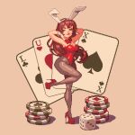  1girl animal_ear_hairband animal_ears artist_name black_eyes bow bowtie brown_hair brown_pantyhose card commentary detached_collar dice english_commentary fake_animal_ears hairband hand_in_own_hair high_heels highleg highleg_leotard leotard long_hair original oversized_object pantyhose pixel_art playboy_bunny playing_card poker_chip rabbit_ear_hairband rabbit_ears red_bow red_bowtie red_leotard red_lips red_shoes shoes solo standing standing_on_one_leg stiletto_heels strapless strapless_leotard thisislux white_hairband wrist_cuffs 