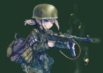  1girl blonde_hair blue_eyes camouflage camouflage_jacket camouflage_pants casing_ejection combat_helmet erica_(naze1940) fallschirmhelm fallschirmjaeger gisela_koch green_background green_jacket green_pants gun helmet highres holding holding_gun holding_weapon jacket long_sleeves low_ponytail magazine_(weapon) medium_hair mp40 original pants ponytail shell_casing short_ponytail sidelocks smoke smoking_barrel solo submachine_gun weapon wehrmacht world_war_ii 