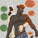 2023 arm_tattoo black_body black_fur body_tattoo brown_eyes brown_hair buckteeth claws clothing dialogue duo ear_piercing eyebrows facial_piercing felid finger_claws flesh_tunnel fur gale_(p_rindustries) gauged_ear green_eyes hair hand_on_belly hi_res hug hugging_another hugging_from_behind labret_piercing lagomorph leporid lip_piercing looking_back male male/male mammal nude one_eye_closed open_mouth p_rindustries pantherine piercing pubes rabbit raised_eyebrow red_hair signature simple_background tan_body tan_fur tattoo teeth undressing undressing_another whisker_spots wink wynn_(p_rindustries)
