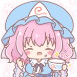  1girl :d ^_^ blue_bow blue_hat blue_kimono blush_stickers bow bowl breasts chibi chopsticks closed_eyes commentary_request facing_viewer floral_background food food_on_face hat highres holding holding_bowl holding_chopsticks japanese_clothes kimono large_breasts long_sleeves mitarashi_neko mob_cap notice_lines pink_hair ribbon-trimmed_sleeves ribbon_trim saigyouji_yuyuko smile solo sparkle touhou triangular_headpiece wide_sleeves 
