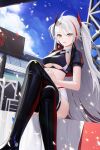  1girl absurdres azur_lane bangs blue_sky boots breasts cloud crossed_legs day english_commentary grey_eyes grey_hair highres iron_blood_(emblem) jacket jacket_on_shoulders latex long_hair looking_at_viewer official_alternate_costume prinz_eugen_(azur_lane) prinz_eugen_(final_lap)_(azur_lane) race_queen revision sitting sky smile solo sunlight thigh_boots thighhighs underboob yellow_eyes yu_(want_rou_nai_zi) 