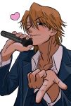  1boy adam's_apple black_eyes blue_jacket blue_vest blush brown_hair collarbone collared_shirt everyday_host fingernails gupunw hair_between_eyes hand_up heart highres holding holding_microphone jacket jewelry lapels looking_at_viewer male_focus microphone mullet necklace one_eye_closed open_clothes open_jacket partially_unbuttoned pointing pointing_at_viewer ryoichi_(everyday_host) shirt short_hair sideways_glance simple_background smile solo suit_jacket upper_body v-shaped_eyebrows vest waistcoat white_background white_shirt 