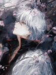  1boy black_shirt branch cherry_blossoms flower from_side gintama grey_hair hadanugi_dousa hair_between_eyes highres japanese_clothes kimono looking_up lushu_kuye male_focus messy_hair open_clothes parted_lips petals pink_flower popped_collar profile red_eyes sakata_gintoki shirt short_hair solo upper_body white_kimono 