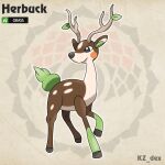  abstract_background antlers artist_name brown_fur character_name deer deer_antlers english_text fakemon green_tail highres horns inkfernape looking_to_the_side no_humans original pokemon pokemon_(creature) solo sugimori_ken_(style) 