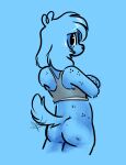  2026 anthro bodily_fluids bottomless bottomless_anthro bottomless_male butt clothed clothing crop_top crossed_arms english_description hi_res looking_at_viewer looking_away looking_back looking_back_at_viewer male shirt solo standing sweat tail tail_motion tailwag tansy topwear 