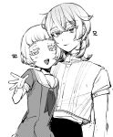  1boy 1girl :d androgynous check_translation collared_shirt cowboy_shot crossed_bangs dot_nose dress greyscale happy leaning_on_person light_blush light_smile looking_at_viewer monochrome neckerchief open_mouth original sailor_collar sailor_dress shirt short_bangs short_hair short_sleeves siblings simple_background smile straight-on translation_request watarai_anji_(za9ko) watarai_tokitsune_(za9ko) white_background white_hair white_shirt za9k0 