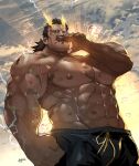  1boy abs bara black_eyes black_pants brown_hair closed_mouth dark-skinned_male dark_skin hand_to_own_mouth highres kintsugi large_pectorals lightning looking_at_viewer looking_down low_ponytail male_focus muscular muscular_male navel nipples pants pectorals rain rybiok sky solo taishakuten_(housamo) tokyo_afterschool_summoners topless_male upper_body veins veiny_arms veiny_hands water_drop 
