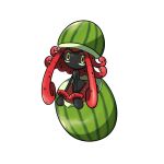  black_skin calwakerz colored_skin fakemon food fruit green_eyes highres long_hair looking_at_viewer multicolored_eyes original pokemon pokemon_(creature) red_eyes red_hair simple_background solo sugimori_ken_(style) tapu_lele two-tone_eyes watermelon white_background 