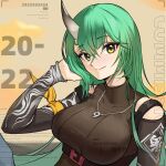  1girl absurdres arknights armband black_shirt breasts chinese_text closed_mouth clothing_cutout commission english_text eyebrows_visible_through_hair green_hair hair_between_eyes hand_in_own_hair highres horns hoshiguma_(arknights) hoshiguma_(patrolling_ronin)_(arknights) jewelry large_breasts long_hair long_sleeves looking_at_viewer necklace official_alternate_costume oni_horns qingshiliu shirt shoulder_cutout single_horn smile solo taut_clothes taut_shirt turtleneck upper_body yellow_eyes 