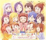  6+girls :d ^_^ ahoge akizuki_ritsuko amami_haruka antenna_hair blonde_hair blue_hair blue_shirt bow brown_hair character_name closed_eyes commentary_request facing_viewer fang folded_ponytail futami_ami futami_mami ganaha_hibiki glasses grey_hair grin hagiwara_yukiho hair_bow hairband happy_birthday holding holding_microphone hood hoodie hoshii_miki idolmaster idolmaster_(classic) jacket kikuchi_makoto kisaragi_chihaya long_hair long_sleeves microphone minase_iori miura_azusa multiple_girls multiple_hair_bows orange_hoodie pink_jacket red_bow shijou_takane shirt short_hair side_ponytail smile takatsuki_yayoi tsubobot twintails v-shaped_eyebrows 