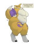 alpha_channel anthro bandai_namco big_breasts big_butt black_sclera blue_eyes breasts butt chest_tuft dialogue digimon digimon_(species) digital_drawing_(artwork) digital_media_(artwork) digitigrade dipstick_tail english_description english_text featureless_breasts female fur hand_on_hip hand_on_own_hip hi_res humanoid_hands looking_at_viewer looking_down looking_down_at_viewer love_handles markings navel neck_tuft nonbinary_(lore) nude nude_anthro nude_female outline overweight overweight_anthro overweight_female renamon silvia_nexus_(artist) simple_background solo tail tail_markings text text_box thick_thighs transparent_background tuft weight_gain white_body white_fur white_outline white_tail_tip yellow_body yellow_fur yellow_tail