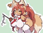 4_fingers absurd_res akanehanagoi anthro asian_clothing bent_over big_breasts blush blush_lines bodily_fluids breasts brown_body brown_fur butt canid canine clothing east_asian_clothing embarrassed female fingers fox fur gloves_(marking) gohei hair hi_res high_cut_miko_outfit holding_object huge_breasts interrobang japanese_clothing kemono knock-kneed mammal markings miko_outfit multicolored_body multicolored_tail nipple_outline open_mouth orange_body orange_fur red_hair ribbons shortstack solo surprised sweat sweatdrop tail teeth tight_thigh_socks two_tone_body