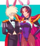  1boy 1girl animal_ears animal_nose armor armpits arms_behind_back black_hair bow bowtie cape commentary_request covered_navel cowboy_shot elbow_gloves facial_mark fake_animal_ears forehead_mark fur-trimmed_gloves fur-trimmed_leotard fur_trim gem gloves gnty2 green_background highres jewelry kaguya_(yaiba) leotard long_hair looking_at_viewer makeup pant_suit pants pantyhose rabbit_ears red_eyes red_lips shoulder_armor simple_background strapless strapless_leotard suit tail tsukikage_(yaiba) tuxedo wrist_cuffs yaiba 