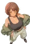  1girl absurdres bare_shoulders black_tank_top breasts brown_eyes brown_hair cleavage collarbone dark-skinned_female dark_skin foreshortening from_above hands_on_own_hips highres jacket jacket_partially_removed jeongdang_geolae large_breasts limbus_company looking_at_viewer looking_up military_uniform off_shoulder open_mouth outis_(project_moon) pants project_moon short_hair simple_background solo standing tank_top transparent_background 