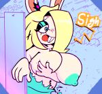 2026 4_fingers accident accidental_exposure amethyst_(gem) anthro areola bangs big_breasts black_eyebrows black_eyelids blonde_hair blue_areola blue_clothing blue_dress blue_eyes blue_nipples blue_sky breasts brown_inner_ear buckteeth clothing colored crossover crown dialogue digital_drawing_(artwork) digital_media_(artwork) dress english_description eyebrow_through_hair eyebrows eyelashes female female_anthro fingers fur gem grass hair hair_over_eye half-closed_eyes half-length_portrait headgear hi_res holding_breast huge_breasts kumoken lagomorph light lighting long_ears long_hair mammal mario_bros mario_plus_rabbids_sparks_of_hope narrowed_eyes nintendo nipple_dip nipples noseless open_mouth pipe plant portrait puffy_areola rabbid rabbid_rosalina raving_rabbids rayman_(series) red_tongue sigh sighing sky solo star starry_sky teeth tongue torn_clothing torn_dress translucent translucent_hair ubisoft white_body white_fur