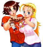  1boy 1girl absurdres blonde_hair blue_eyes blush bodysuit breasts brown_eyes brown_hair character_doll cleavage commentary_request control_bar cowboy_shot denim doll fuurinji_miu hair_ornament hairclip highres jeans large_breasts long_hair marionette matsuena_shun mole mole_under_eye official_art open_mouth orange_shirt pants puppet shijou_saikyou_no_deshi_ken'ichi shirahama_ken'ichi shirt short_hair simple_background smile standing t-shirt tented_shirt white_background 