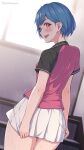  1girl ass ass_peek blue_hair blurry blurry_background blush clothes_pull commentary_request covering_ass covering_privates from_behind highres kanikatsuya looking_at_viewer looking_back mole mole_under_eye orange_eyes original paid_reward_available parted_lips pink_shirt pussy_juice shirt short_hair skirt skirt_pull smile solo sportswear stairs standing sunlight sweat teeth tennis_club_senpai_(kanikatsuya) tennis_uniform upper_teeth_only white_skirt 