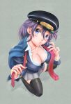  1girl blush breasts cleavage cloak closed_mouth collarbone commentary_request from_above hair_between_eyes hat head_tilt jacket kido_ayame_(kimi_wa_008) kimi_wa_008 large_breasts long_hair looking_at_viewer matsuena_shun miniskirt necktie official_art open_clothes open_jacket open_shirt pleated_skirt purple_eyes purple_hair red_necktie sitting skirt solo thighhighs 
