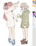  2girls art_program_in_frame black_ribbon black_shoes blue_shoes closed_eyes cup dress drunk green_jacket grey_hair hair_ribbon holding holding_cup jacket kamiina_botan kamiina_botan_yoeru_sugata_wa_yuri_no_hana kataya_mine long_hair multiple_girls open_mouth pink_hair ribbon shoes short_hair simple_background smile sweater sweater_dress tonami_ibuki two_side_up w white_background white_sweater 