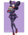  1girl black_gloves black_pantyhose black_shawl blunt_bangs book book_stack bowl_cut elbow_gloves glasses gloves grey_eyes highres holding holding_book knees_together_feet_apart l_toffoli looking_at_viewer mary_janes miniskirt outside_border pantyhose pokemon pokemon_black_and_white purple_background purple_hair purple_shirt purple_skirt red_shoes shauntal_(pokemon) shawl shirt shoes short_hair skirt smile solo twitter_username 