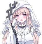  1girl blonde_hair blush commentary_request earrings frilled_sleeves frills gloves grey_eyes hair_ornament hikami_meruru hime_cut jewelry korean_commentary long_hair looking_at_viewer magical_girl mahou_shoujo_no_majo_saiban open_mouth pinkisangel veil white_gloves wide_sleeves x_hair_ornament 