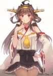  1girl ahoge black_skirt blush breasts brown_hair commentary_request detached_sleeves double_bun eyebrows_visible_through_hair finger_to_mouth hairband hakama hakama_short_skirt hakama_skirt hand_on_hip headgear highres japanese_clothes kantai_collection kasumi_(skchkko) kongou_(kancolle) kongou_kai_ni_(kancolle) long_hair medium_breasts pleated_skirt popped_collar ribbon-trimmed_sleeves ribbon_trim shadow simple_background sitting skirt solo white_background 