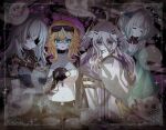 4girls absurdres ahoge arielle_(vtuber) armor black_collar black_gauntlets black_shorts blonde_hair blue_dress blue_eyes breasts clawed_gauntlets cleavage closed_eyes collar densetsu.exe dress eyepatch eyewear_on_head fang flashlight floating gauntlets general_geega general_geega_(1st_costume) ghost ghost_girl gradient_hair green_dress green_hair green_sleeves grey_hair hair_between_eyes hair_ornament heart heart_ahoge henya_the_genius henya_the_genius_(1st_costume) highres indie_virtual_youtuber jacket large_breasts leotard long_bangs long_hair maid maid_headdress mint_fantome mint_fantome_(minto_2.0) multicolored_hair multiple_girls navel nullmms open_mouth pointy_ears purple_jacket red_eyes see-through_cleavage see-through_clothes see-through_leotard shorts shoulder_armor single_gauntlet skin_fang strapless sunglasses thighhighs thighs tube_top twintails virtual_youtuber white_hair white_tube_top x_hair_ornament yellow_eyes 