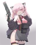  1girl absurdres ammunition animal_ears cat_ears commentary_request double-barreled_shotgun fake_animal_ears gun highres holding holding_gun holding_weapon load_bearing_vest medium_hair one_eye_covered oota_youjo original pink_eyes pink_hair pouch sawed-off_shotgun short_twintails shotgun shotgun_shell solo thigh_strap twintails weapon 