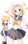  1boy 1girl :d ahoge alternate_costume bass_clef black_sailor_collar black_skirt blonde_hair blue_eyes blush bow bowtie choker collarbone commentary_request crossdressing crossdressing_(mtf) ear_piercing embarrassed girly_boy gloves hair_bow highres kagamine_len kagamine_rin leg_warmers looking_at_viewer magical_girl mani_(manidrawings) medium_hair miniskirt peanut_mouth piercing pleated_skirt sailor_collar shirt short_hair sidelocks simple_background skirt sleeveless sleeveless_shirt smile sparkle squiggle standing swept_bangs treble_clef vocaloid white_background white_bow white_gloves white_shirt yellow_bow yellow_bowtie yellow_choker 