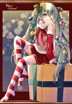  1girl alternate_costume aqua_eyes aqua_hair arm_tattoo blush boots border bow bowtie box bright_pupils christmas christmas_lights christmas_ornaments commentary_request detached_sleeves from_side full_body fur-trimmed_shirt fur-trimmed_sleeves fur_trim gift gift_box grey_shirt hair_between_eyes hatsune_miku long_hair looking_at_viewer mani_(manidrawings) merry_christmas number_tattoo one_eye_closed outside_border pleated_skirt red_boots red_border red_bow red_bowtie red_skirt scarf shirt sidelocks sitting skirt smile solo striped_clothes striped_footwear tattoo thigh_boots twintails very_long_hair vocaloid white_boots white_pupils white_scarf 