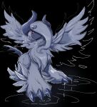  absol ayaka_488 black_background claws closed_mouth commentary feathered_wings hair_over_one_eye horns mega_absol mega_pokemon no_humans pokemon pokemon_(creature) red_eyes solo untranslatable_commentary wings 