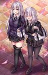  2girls absurdres alternate_costume ayannon_yumme bag black_necktie black_pantyhose black_thighhighs blazer blue_pupils blush breasts cherry_blossoms commentary contemporary covered_eyes elf emilia_(re:zero) english_commentary full_body hair_ornament handbag highres jacket large_breasts long_hair long_sleeves multiple_girls necktie open_mouth pantyhose pleated_skirt pointy_ears purple_eyes re:zero_kara_hajimeru_isekai_seikatsu satella_(re:zero) school_uniform shirt skirt smile socks sweater thighhighs thighs tile_floor tiles white_hair white_shirt x_hair_ornament 