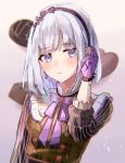  1girl :| alternate_hair_length_(shorter) arm_up black_bow black_sash black_sleeves blue_gem blunt_bangs blurry blurry_background blush bob_cut bow breasts brown_dress candle_no_kaori_wa_omoide_to_tomo_ni_(project_sekai) candy chocolate closed_mouth commentary_request dot_nose dress ear_blush earrings floral_print food gem gloves grey_hair hand_on_own_ear heart heart-shaped_chocolate heart-shaped_food heart_print highres jewelry leaning_to_the_side light_blush long_sleeves looking_to_the_side official_alternate_costume official_alternate_hairstyle project_sekai purple_eyes purple_gloves purple_ribbon red_gem ribbon rose_print sabino sash short_hair simple_background small_breasts solo upper_body valentine vertical-striped_sleeves white_background yoisaki_kanade 