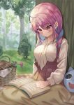  1girl absurdres basket blanket blue_hair blush book braid breasts brown_skirt closed_mouth commentary_request day flower forest highres hololive long_hair medium_breasts minato_aqua multicolored_hair nature neko_(minato_aqua) on_lap open_book outdoors picnic_basket pleated_skirt purple_eyes purple_hair reading red_flower rykysd shirt sitting skirt smile solo suspender_skirt suspenders twin_braids twintails two-tone_hair virtual_youtuber white_shirt 