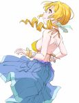  1girl aqua_ribbon bare_shoulders bikini blonde_hair blue_skirt bracelet cowboy_shot drill_hair from_side hair_ribbon halterneck highres jewelry long_hair looking_ahead mahou_shoujo_madoka_magica mahou_shoujo_madoka_magica_(anime) marutaya ribbon scrunchie shoulder_blades simple_background skirt smile solo swimsuit tomoe_mami twintails white_background yellow_bikini yellow_eyes yellow_scrunchie 