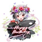  1girl animal bangs black_hair english_text fingerless_gloves flower gloves grey_hair hair_ornament happy_birthday heart_collar highres hololive holox medium_hair multicolored_hair off-shoulder_jacket off_shoulder orca red_eyes sakamata_chloe simple_background streaked_hair sunano_reona virtual_youtuber x_hair_ornament 