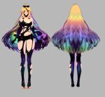  1girl absurdres ahoge arielle_(vtuber) black_hair blonde_hair blue_eyes breasts claws cleavage closed_mouth commentary curvy english_commentary eyewear_on_head feet full_body gannon_vt grey_background hair_between_eyes heart heart_ahoge highres huge_breasts indie_virtual_youtuber large_breasts liquid_clothes liquid_hair long_hair makeup multicolored_hair navel official_art rainbow_hair reference_sheet revealing_clothes runny_makeup stirrup_legwear sunglasses thick_thighs thighhighs thighs toeless_legwear toes very_long_hair virtual_youtuber 