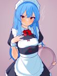  1girl alternate_costume apron black_dress blue_hair blush bow bowtie closed_mouth collared_dress commentary dress english_commentary enmaided highres hinanawi_tenshi holding holding_tray long_hair looking_at_viewer maid maid_headdress puffy_short_sleeves puffy_sleeves red_bow red_bowtie red_eyes short_sleeves smile solo touhou tray very_long_hair waist_apron white_apron wrist_cuffs zivmf 