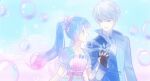  1boy 1girl black_gloves blue_capelet blue_eyes blue_hair blue_shirt blue_skirt blue_sky blue_vest blue_wrist_cuffs blunt_bangs brooch bubble capelet chinese_commentary collarbone collared_capelet colored_tips commentary_request couple day dot_nose eyelashes eyes_visible_through_hair frilled_shirt frilled_sleeves frilled_wrist_cuffs frills gloves grey_eyes grey_shrug hair_between_eyes hair_ornament happy heart heart_brooch hetero holding_hands interlocked_fingers jewelry long_hair long_sleeves looking_at_another loose_hair_strand miqing multicolored_hair nail_polish original outdoors pink_hair pink_vest puffy_short_sleeves puffy_sleeves purple_nails see-through_clothes see-through_sleeves shell shell_hair_ornament shirt short_hair short_sleeves shrug_(clothing) skirt sky skyline split-color_clothes square_neckline striped_clothes striped_skirt striped_vest twintails two-tone_hair upper_body vertical-striped_clothes vertical-striped_skirt vertical-striped_vest vest watermark wavy_hair weibo_watermark white_hair white_shirt wrist_cuffs 