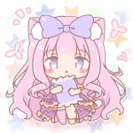  1girl :o animal_ear_fluff animal_ears asymmetrical_legwear bow cat_ears cat_girl cat_tail chibi colored_shadow commentary_request dress frilled_pillow frills hair_bow highres hugging_object long_hair mitarashi_neko no_shoes notice_lines one_eye_closed original panties parted_lips pillow pillow_hug pink_hair purple_bow purple_dress purple_eyes purple_panties red_bow see-through_clothes see-through_dress shadow side-tie_panties socks solo standing star_(symbol) striped_clothes striped_socks striped_thighhighs tail tail_bow tail_ornament thighhighs underwear very_long_hair white_background yellow_bow 