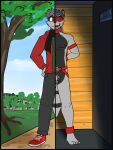  anthro belt belt_collar blindfold blue_sky bodily_fluids bottomwear chastity_cage chastity_device clothing cloud drooling footwear fuze genitals hand_on_hip hands_behind_back hi_res looking_at_viewer male mammal navel nipples outside pants penis plant procyonid raccoon redhoodraccoon saliva scarf shackled_ankles shaded shadow shoes sky skyscape solo split_screen standing tongue tongue_out tree wall_(structure) wood wood_wall zipper_hoodie 