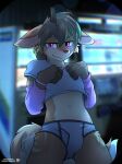  absurd_res anthro arm_warmers armwear briefs canid canine clothing crop_top deer forte_(deerfoxcritter) fox hi_res hybrid kemono looking_at_viewer machine male mammal shirt shy smile snowstormbat snowybark solo standing topwear underwear vending_machine 